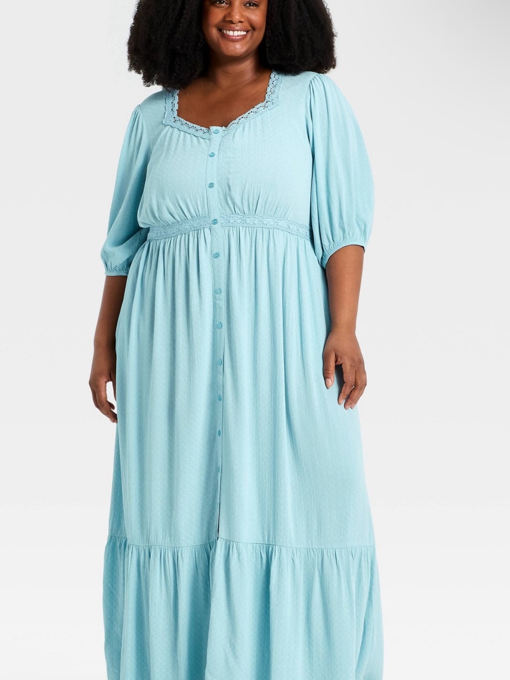 Ava & Viv Light Blue Button-Front Maxi Dress with Lace Trim